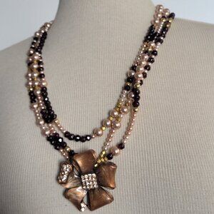 Babylone Paris Rhinestones & Faux Pearls Long Strand Necklace w/Copper Tone Flow